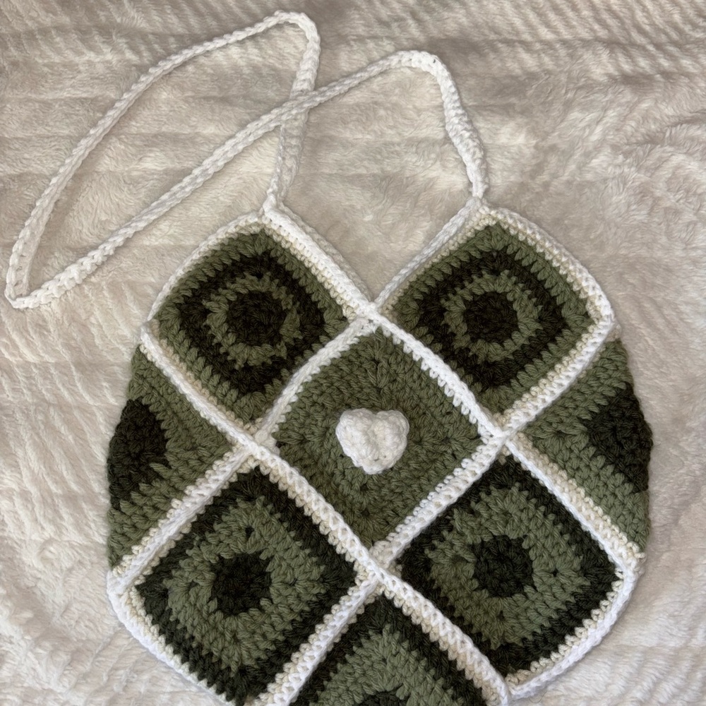 Green and White Crochet Bag